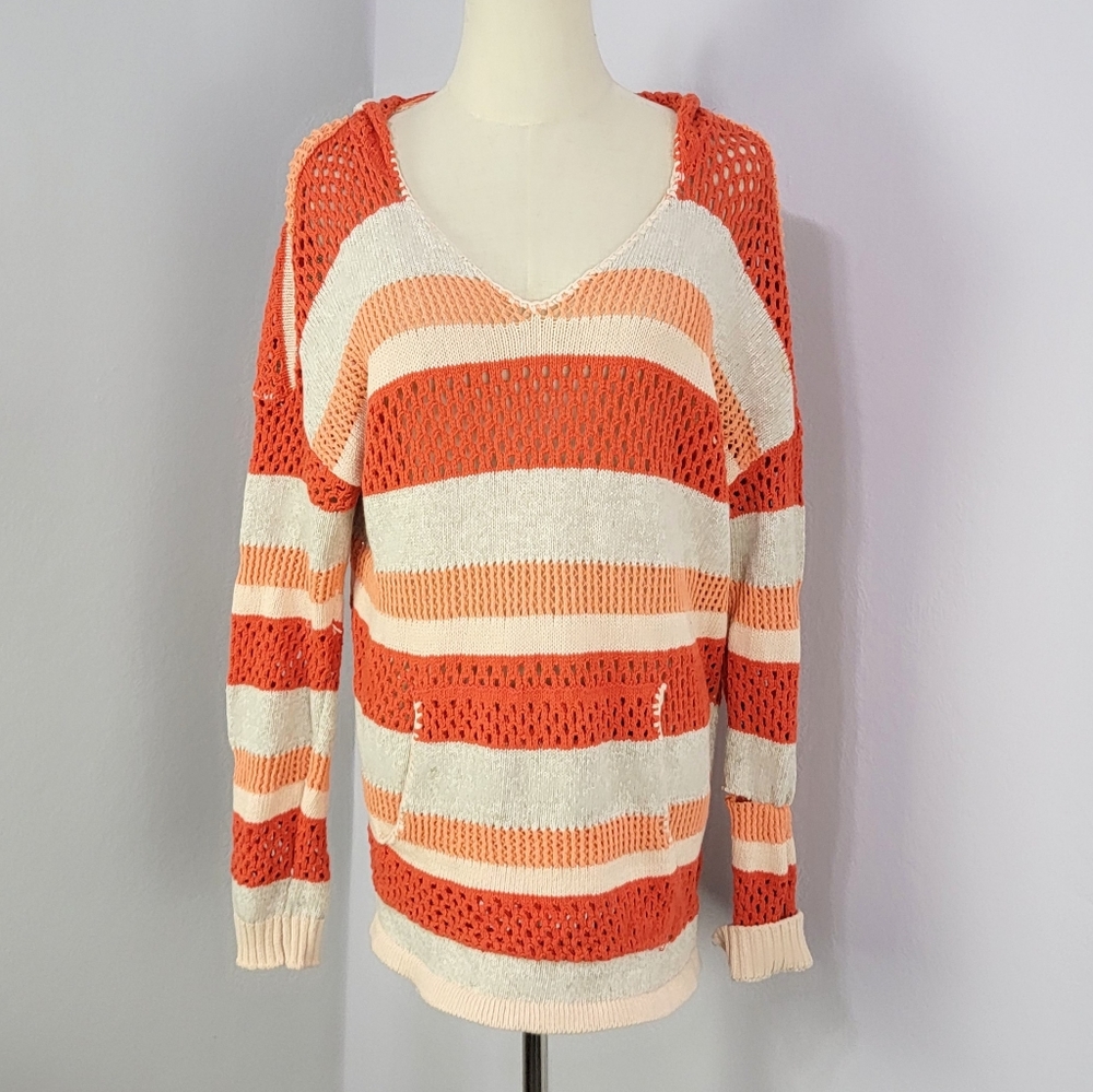 Sanctuary Knit Orange Striped Hooded Sweater Size Large